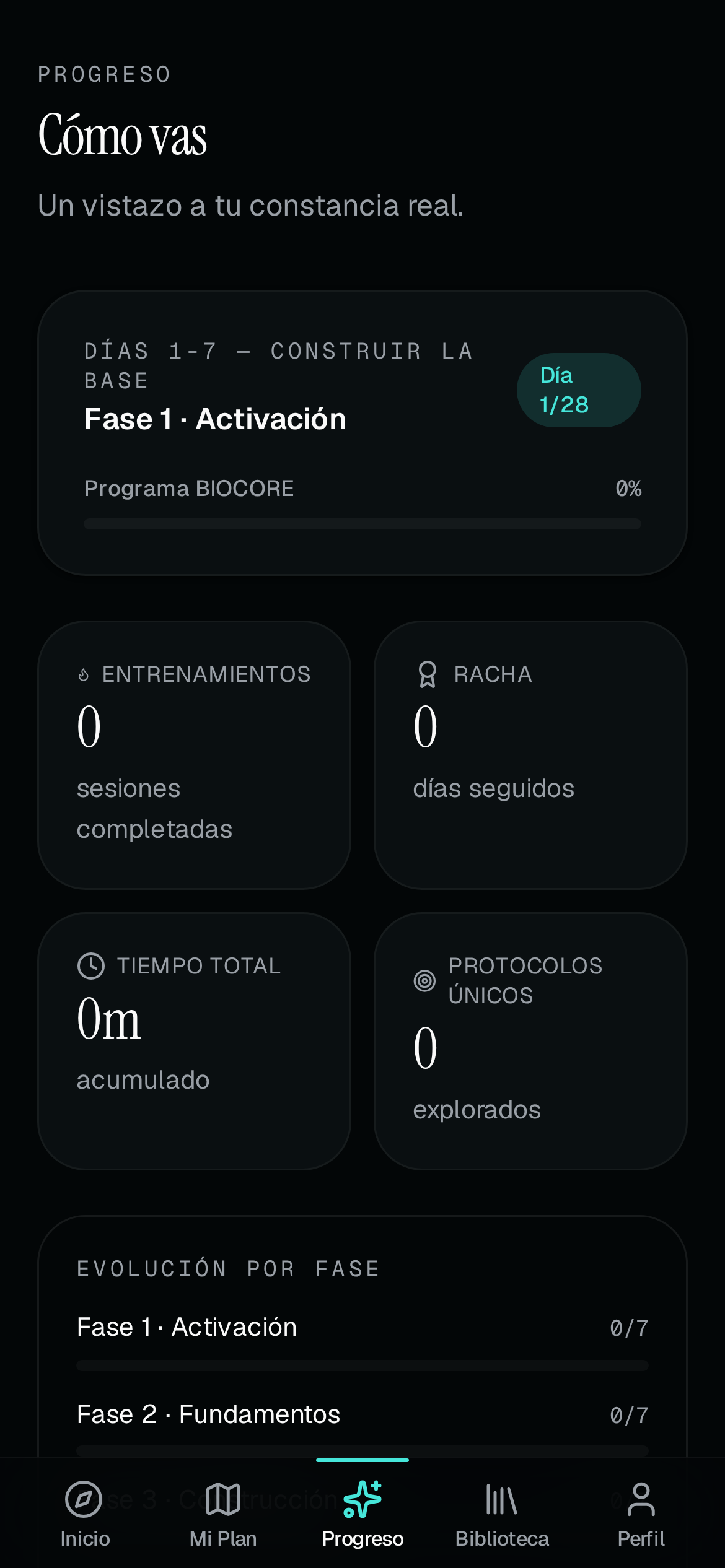 Pantalla Progreso de la app BIOCORE