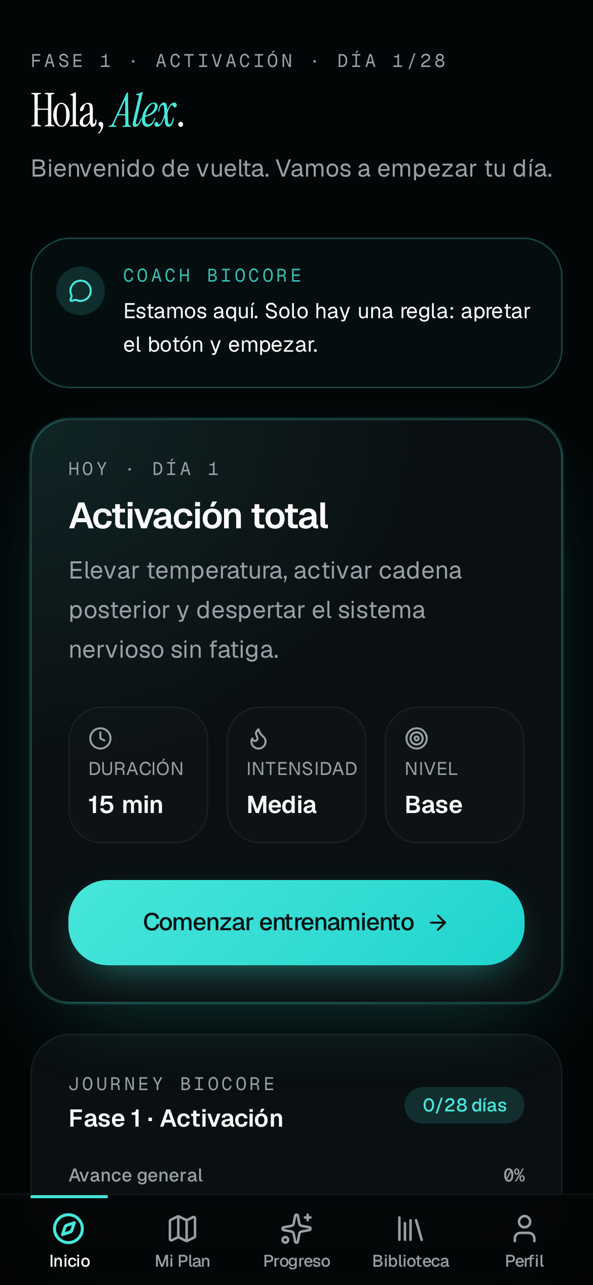 Pantalla Inicio de la app BIOCORE