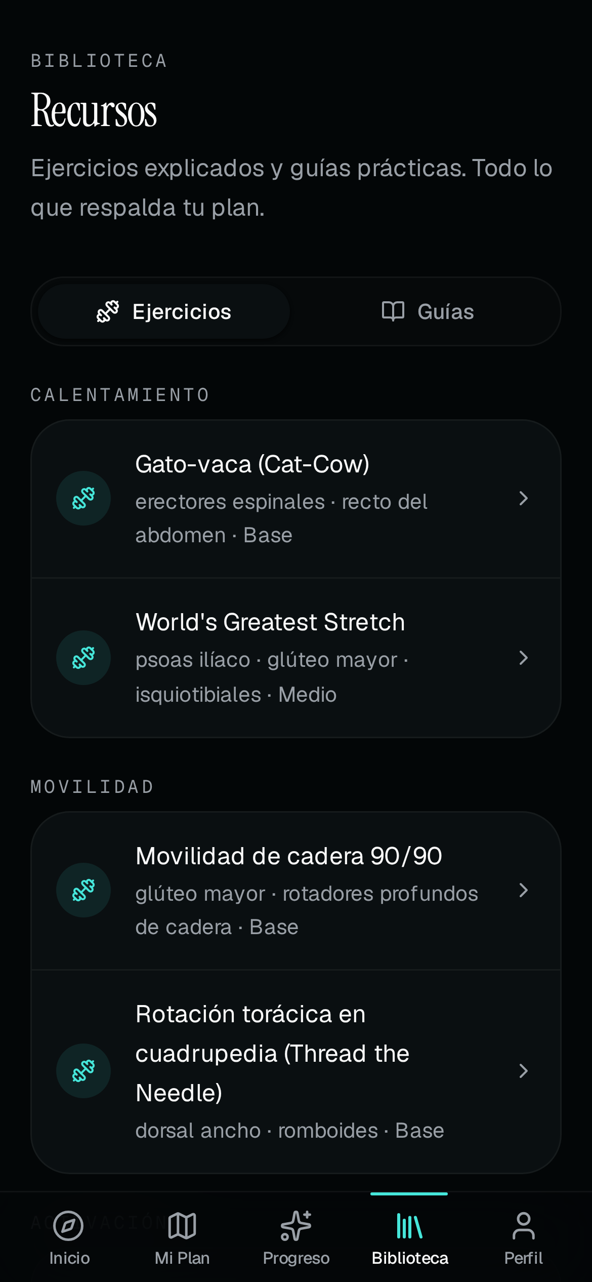 Pantalla Biblioteca de la app BIOCORE