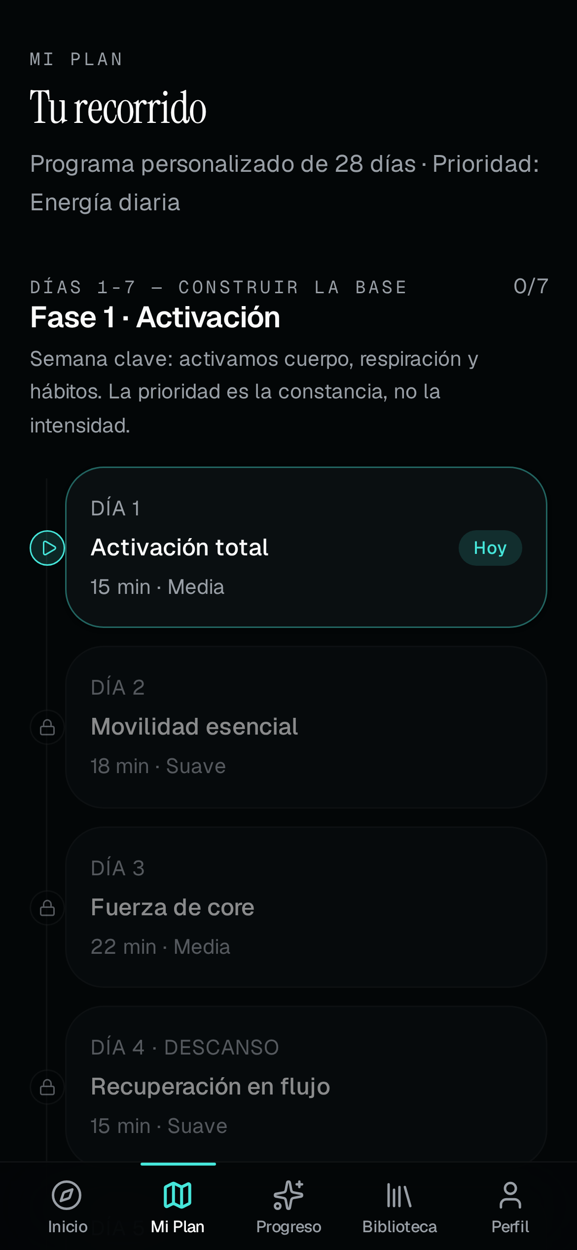 Pantalla Mi Plan de la app BIOCORE